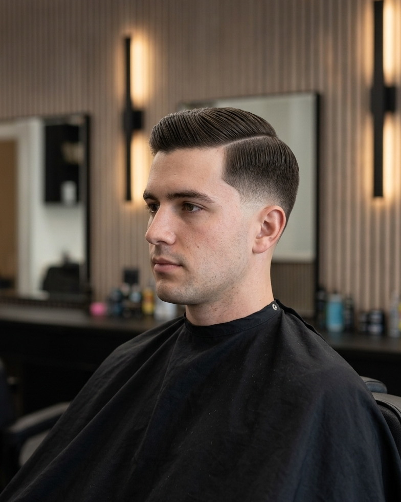 A tapered side part cut at Revival Room